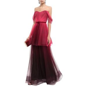 ✨Sold✨Marchesa Note Off the Shoulder Ombré Red Burgundy Tulle Tiered Gown Dress